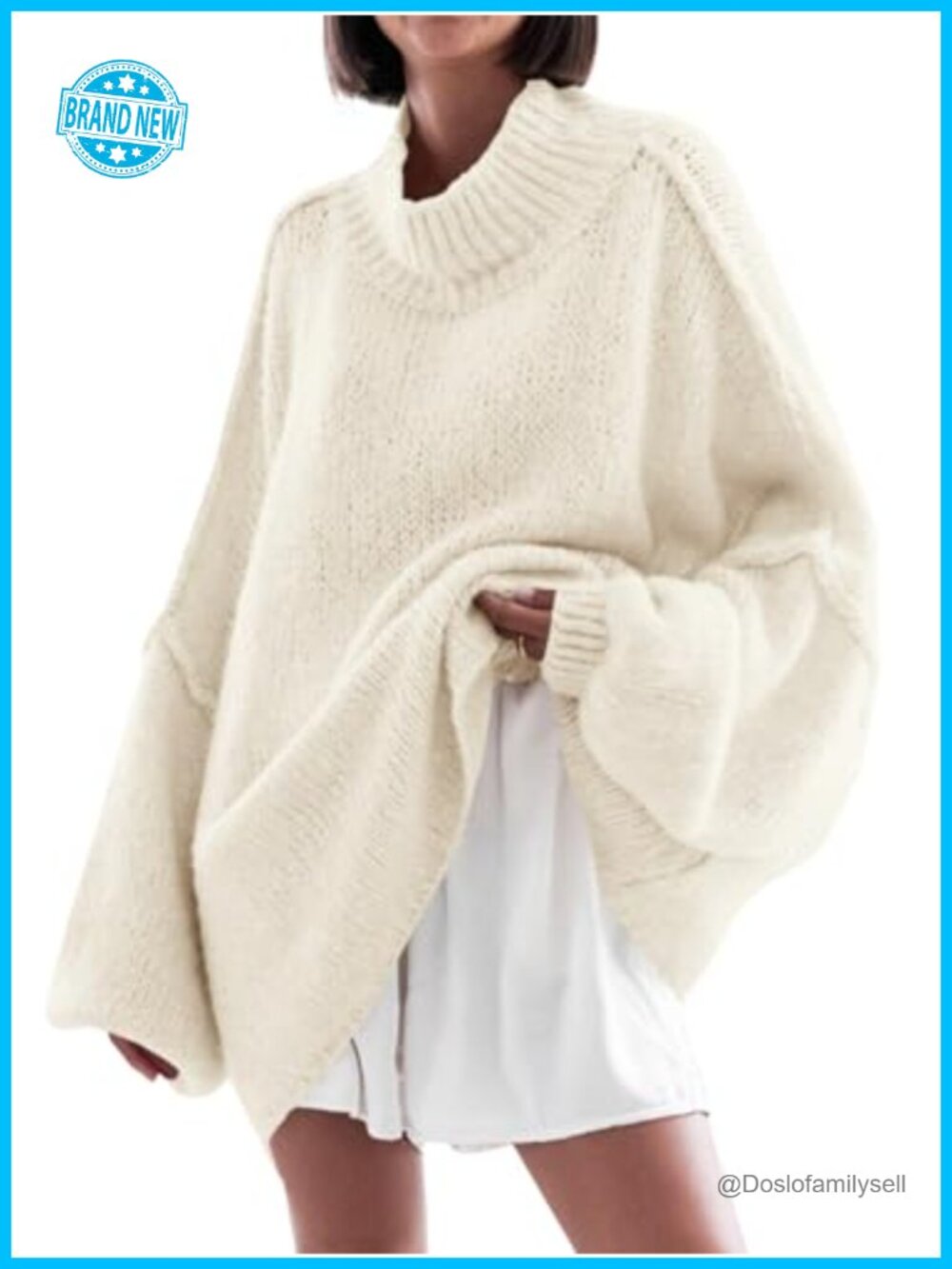 Oversized Mock Neck Tunic Sweater Ribbed Knit Batwing Sleeve Pullover